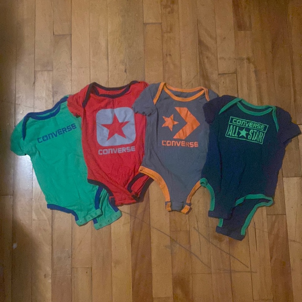 4 Converse onesies! All 9-12 months. Different colours and look new. Cute!!